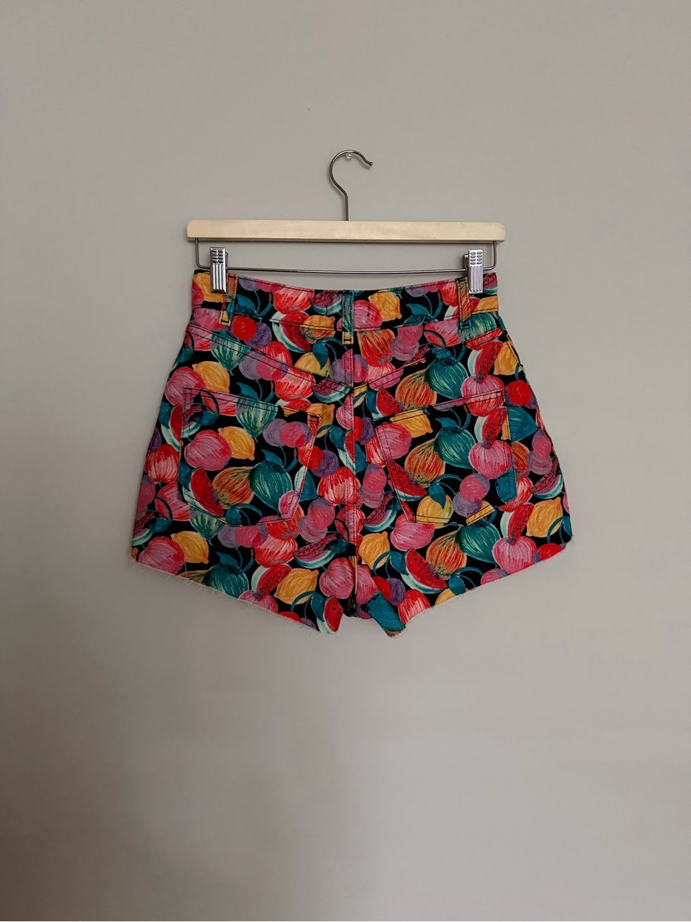 Zara Multicolor Fruit Print Denim Shorts — Teal, Pink, Yellow - Picture 2 of 3